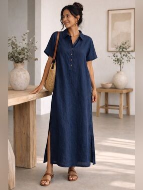 Vintage Linen Maxi Dress | Navy Blue Lagenlook | Coastal Euro Style